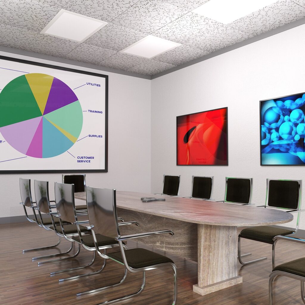 A modern conference room with a table, chairs, and a large screen displaying a colorful pie graph for business presentations.